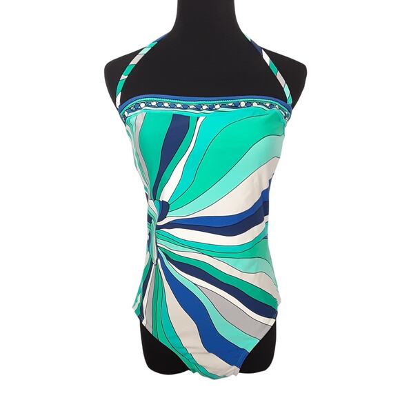 Michael Kors Blue Waves Geometric Bandeau Strapless One Piece Swimsuit Womens 12 - Picture 2 of 10